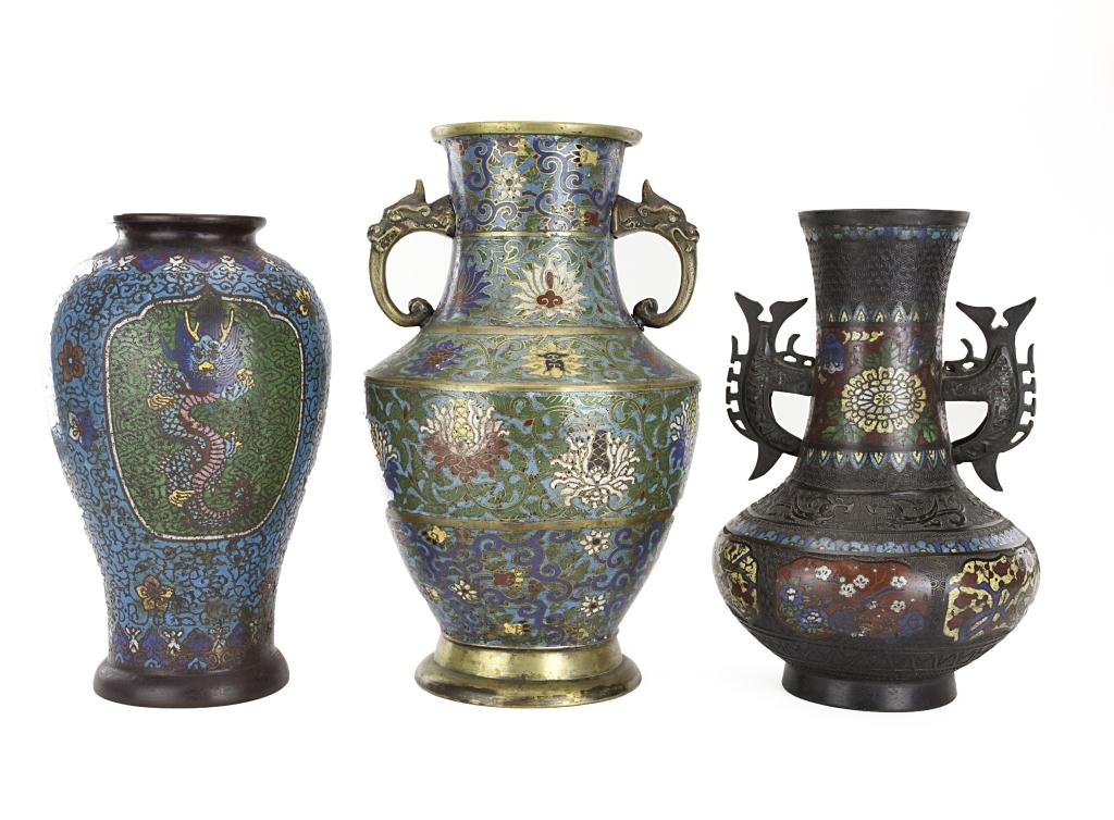 THREE ANTIQUE JAPANESE CLOISONNE VASES (1 of 4)