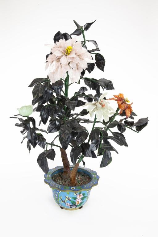 CHINESE CARVED JADE PRUNUS PLANT IN CLOISONNE VASE (1 of 3)