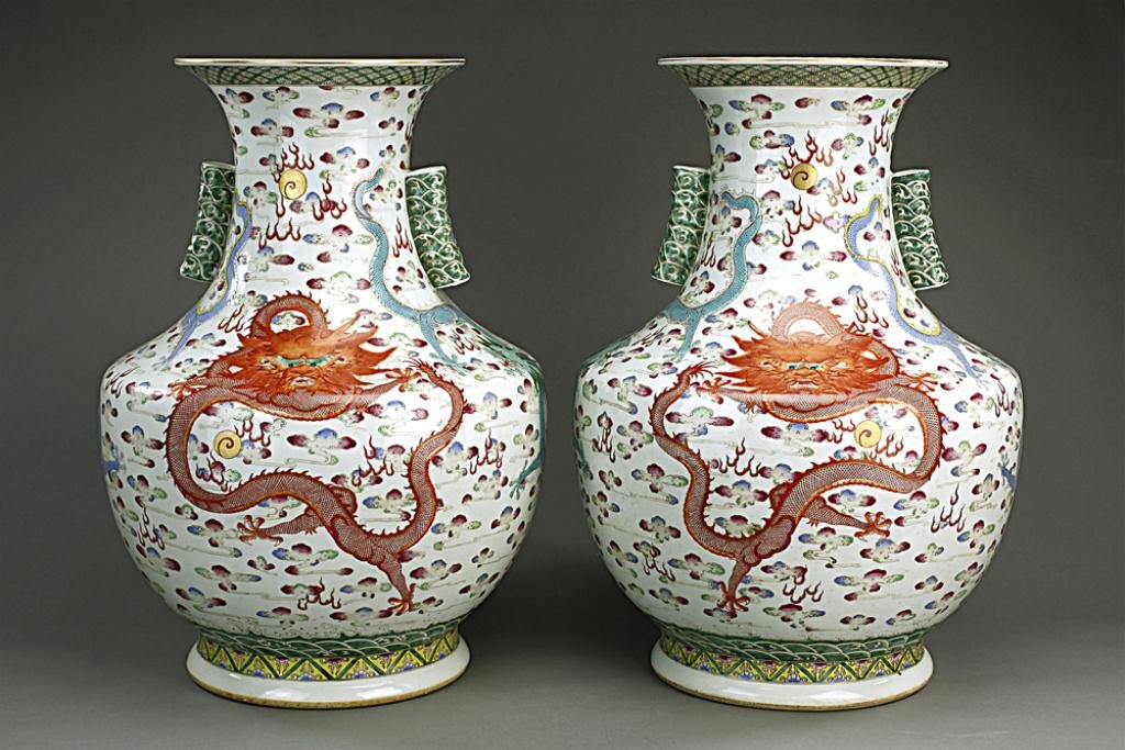 PAIR OF LARGE FAMILLE ROSE 'DRAGON' VASES (1 of 4)
