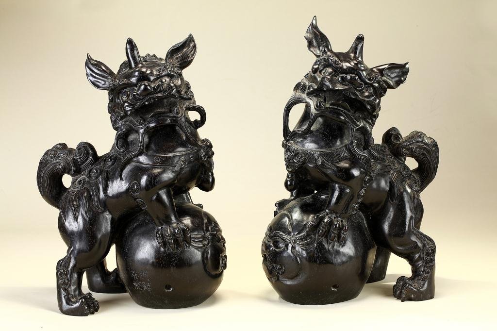 PAIR OF CHINESE CARVED ZITAN FOO LIONS (1 of 10)