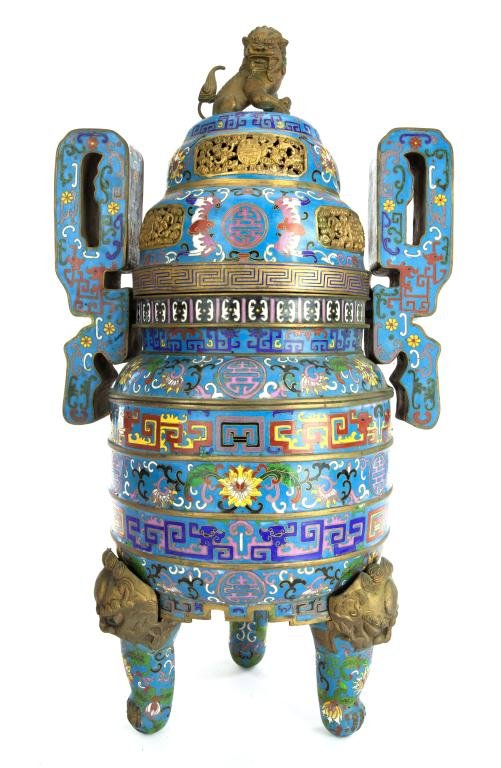 LARGE CHINESE CLOISONNE TRIPOD INCENSE BURNER (1 of 4)