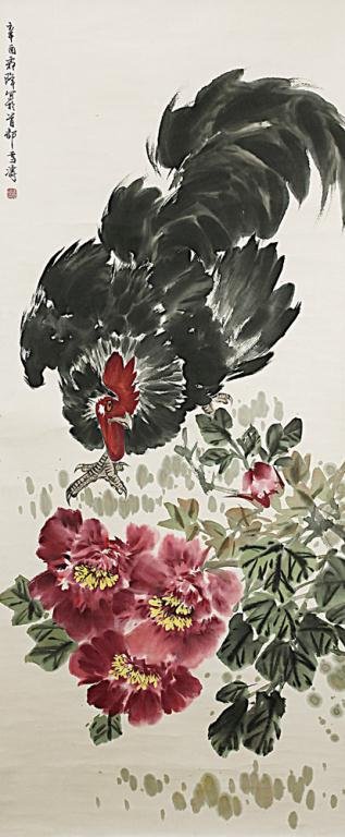 CHINESE SCROLL PAINTING OF A ROOSTER AND PEONIES (1 of 1)