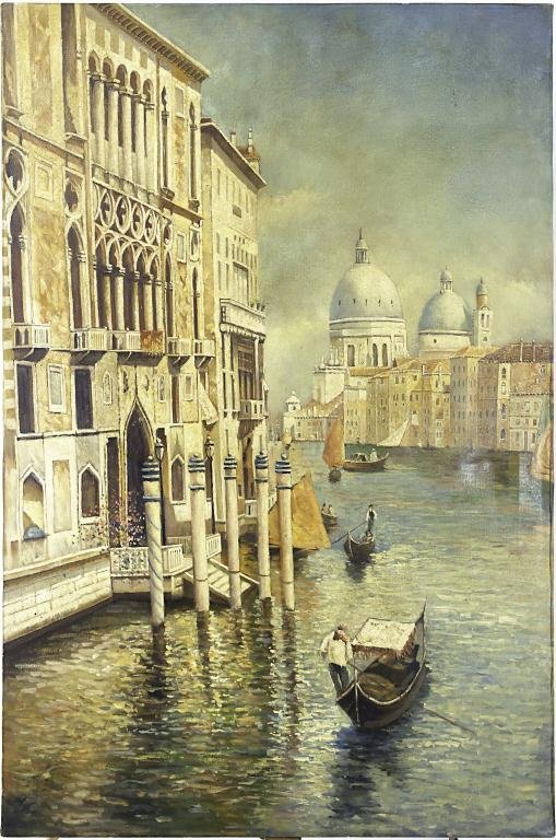 OIL PAINTING ON CANVAS OF VENICE, ITALY: Oil painting of Venice and canal boats. With Santa Maria della Salute on the grand canal in the background. H: 36 in. L: 24 in