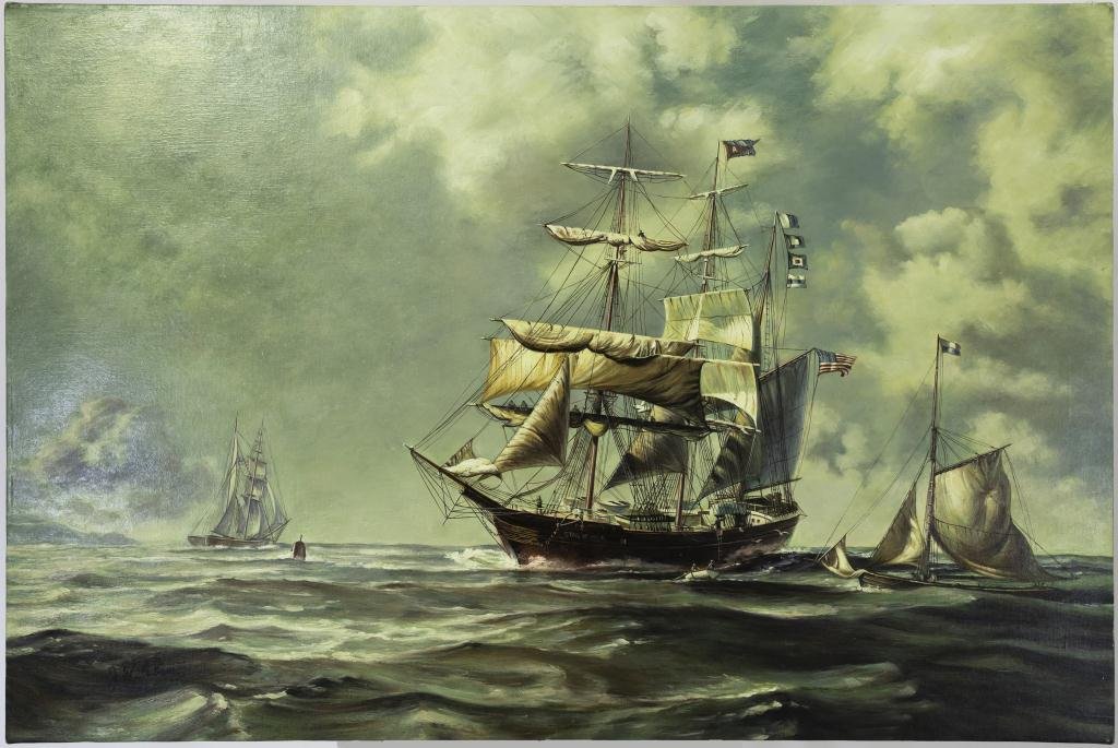 OIL PAINTING OF A MARITIME SCENE: Depicting many ships at sea. One with an American flag flying. Signature to read, 'J. W. Adams' of Jonathan Wakefield Adams. H: 24 in. L: 36 1/8 in.