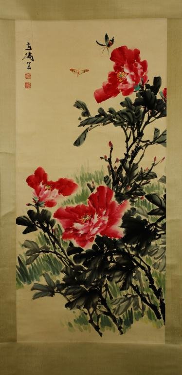 CHINESE SCROLL PAINTING OF PEONIES: Signature to read Wang Xue Tao. H: 38 3/4 in. w: 18 1/8 in.