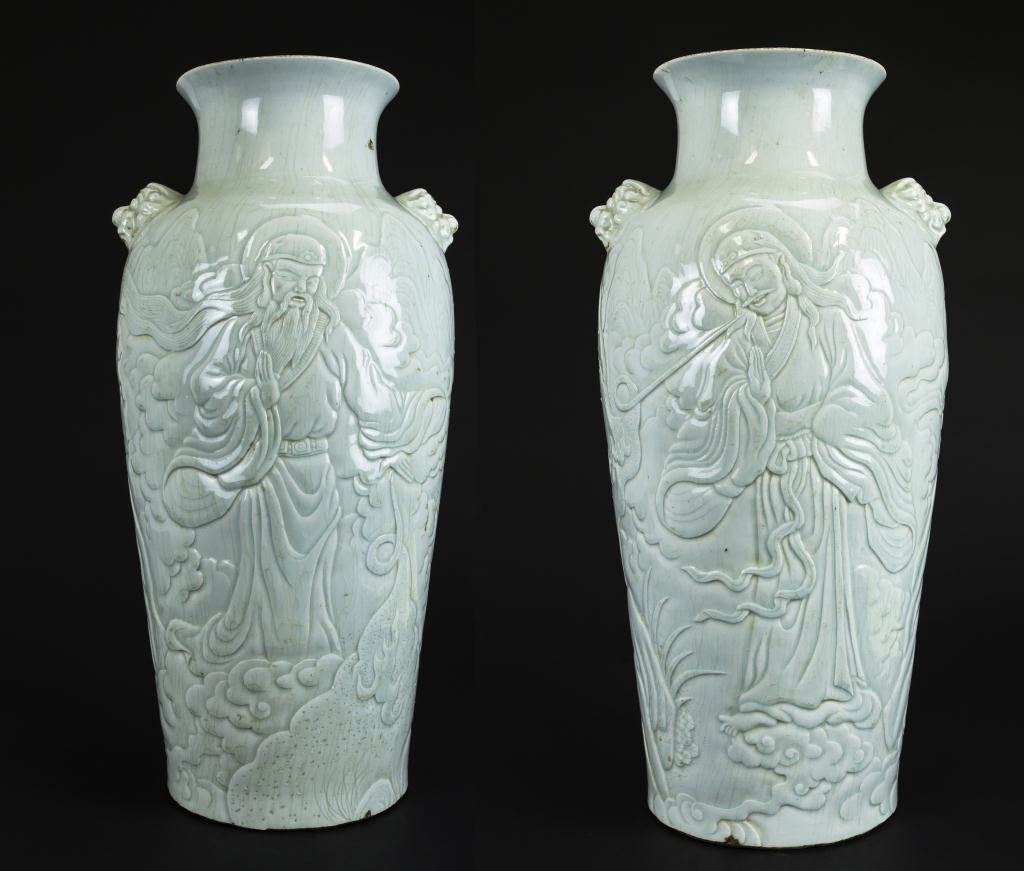PAIR OF LARGE CHINESE CARVED CELADON VASES (1 of 5)