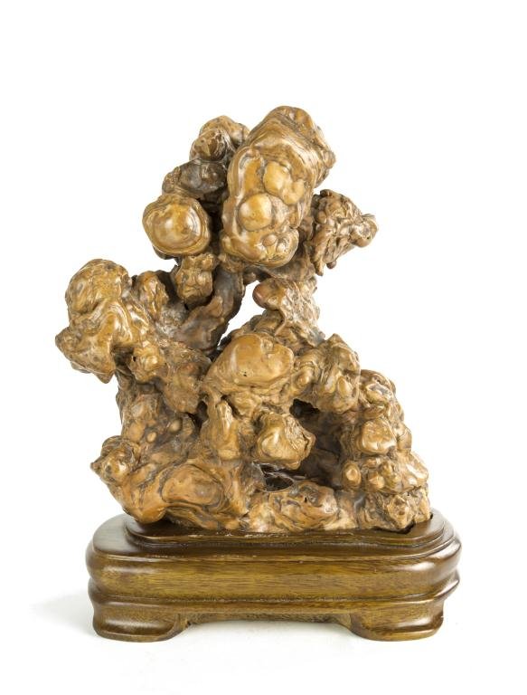 CHINESE SOAPSTONE BOULDER ON WOOD STAND (1 of 2)