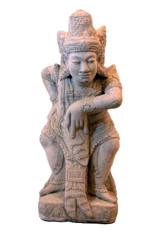 EAST ASIAN FIGURAL STONE CARVING: Probably of an artist wearing elaborate costume and headpiece in performance, bending with right hand at the back and left on downward mudra having a long thumbnail. H: 30 1/4 in. x L: 11 in. x W: 10