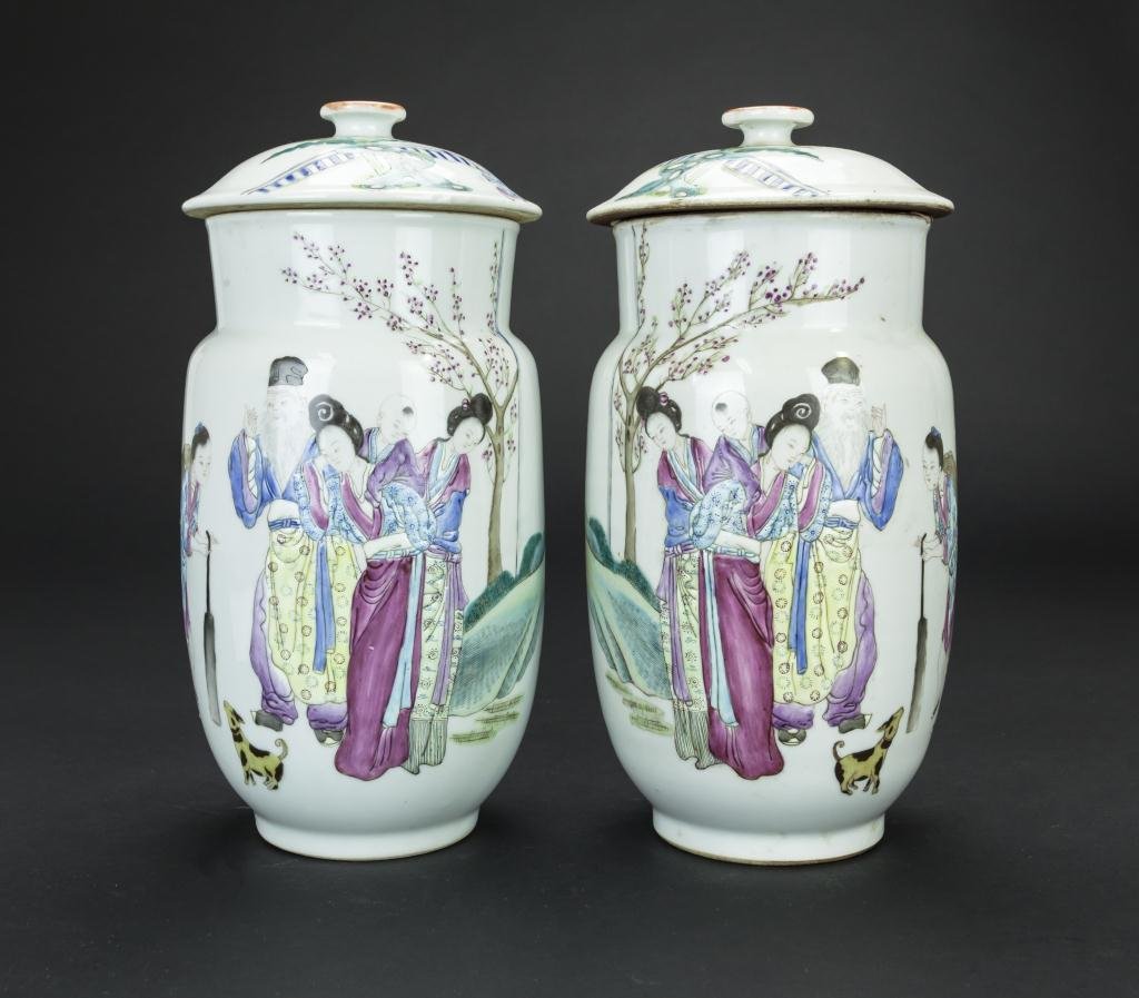 PAIR OF CHINESE LIDDED FIGURAL VASES (1 of 2)