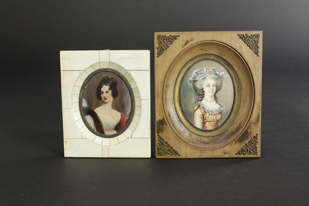 TWO SMALL FRAMED PORTRAITS ON CARVED SURFACE (1 of 1)