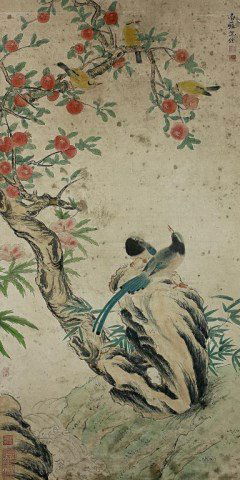 CHINESE PAINTING OF TWO BIRDS UNDER A FRUIT TREE (1 of 2)