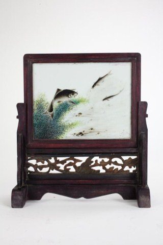 FRAMED CHINESE PORCELAIN PLAQUE OF FISH (1 of 2)