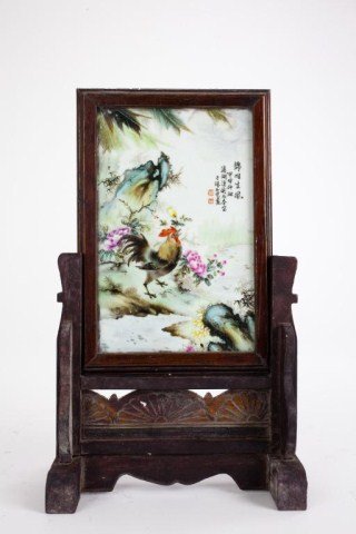 CHINESE FRAMED PLAQUE OF A ROOSTER ON WOODEN STAND (1 of 1)