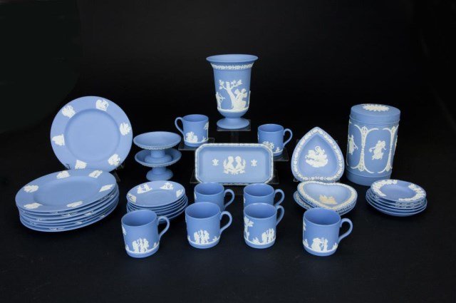 THIRTY-SIX VARIOUS PIECES WEDGWOOD BLUE JASPERWARE: H: 6 in.