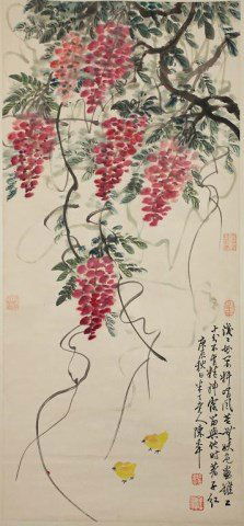 CHINESE SCROLL PAINTING OF TWO CHICKS AND FLOWERS (1 of 1)
