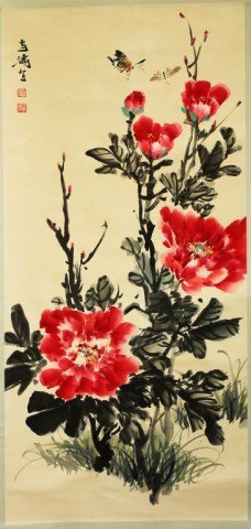 CHINESE SCROLL PAINTING OF PEONIES: Flowers painted in a vibrant red color. Signature to read Wang Xue Tao. H: 38 1/4 in. X W: 18 1/8 in.