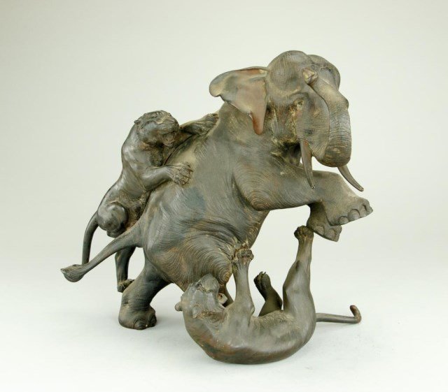19TH CENTURY JAPANESE BRONZE ELEPHANT & TWO TIGERS (1 of 4)