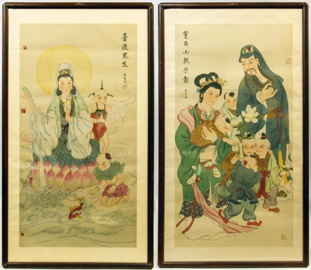 TWO LARGE FRAMED CHINESE PAINTINGS (1 of 4)