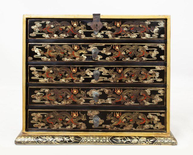 CHINESE LACQUERED WOOD CABINET WITH DRAWERS (1 of 6)
