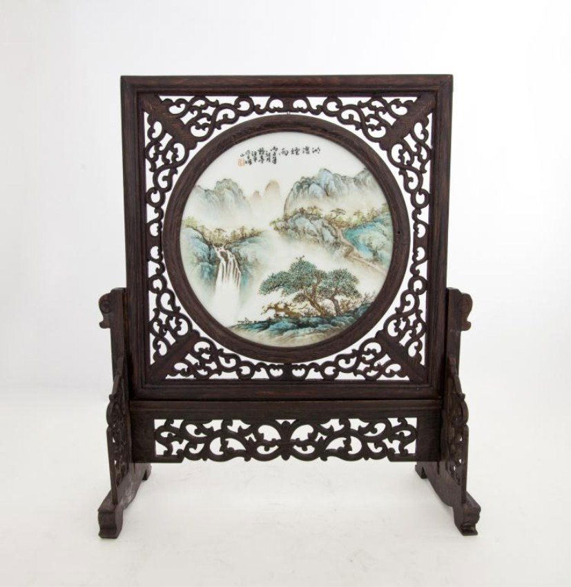 CHINESE RETICULATED WOOD FRAMED PORCELAIN PANEL (1 of 3)