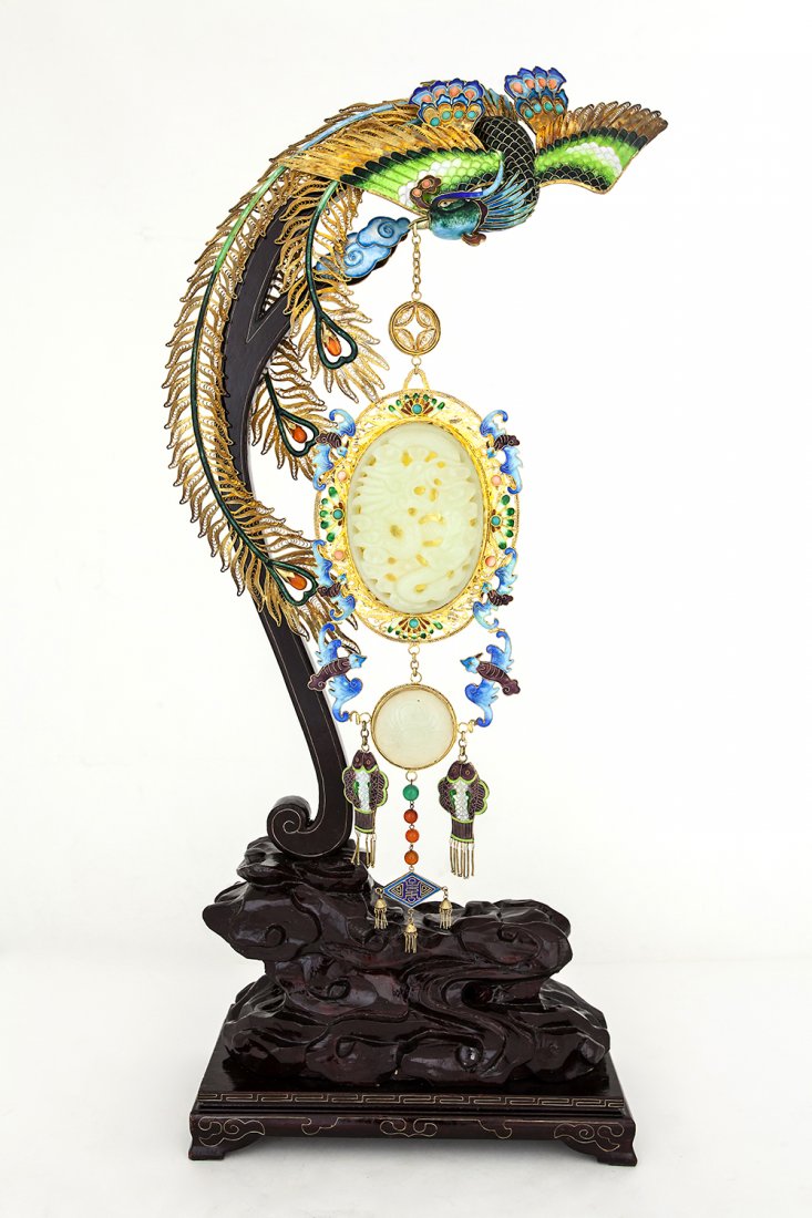 CHINESE PEKING SILVER PHOENIX WITH JADE ON STAND (1 of 5)