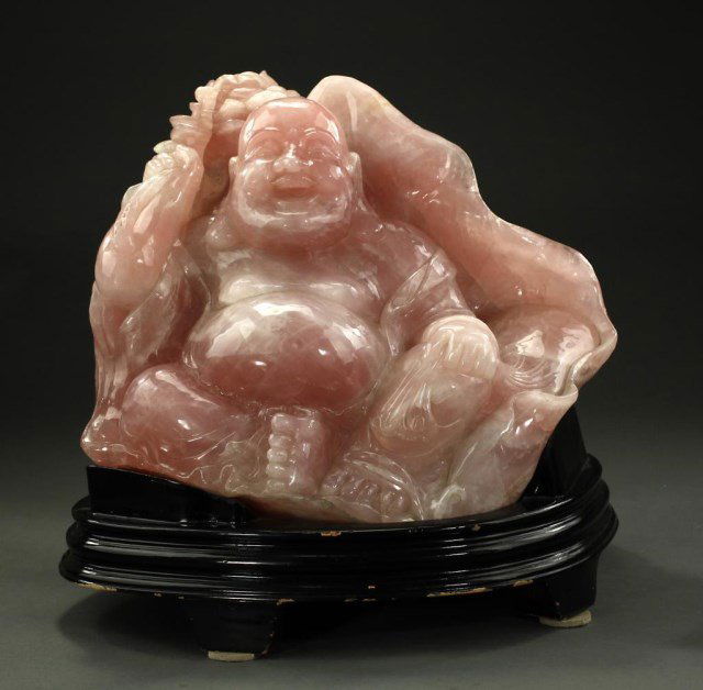 LARGE CARVED ROSE QUARTZ HAPPY BUDDHA (1 of 2)