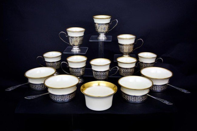 THIRTEEN LENOX CUPS WITH CUSTARD STERLING HOLDERS (1 of 2)