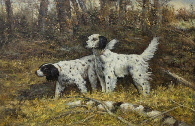 OIL ON CANVAS PAINTING OF TWO HUNTING DOGS (1 of 3)