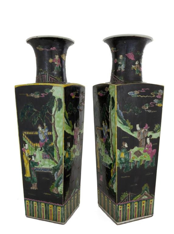 PAIR OF FAMILLE NOIRE SQUARE FIGURAL VASES (1 of 3)