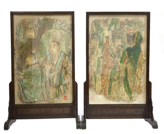 PAIR OF CHINESE FRAMED FRAGMENTS OF PAINTING (1 of 3)