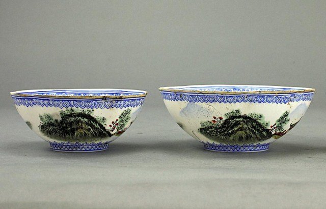 TWO CHINESE EGG SHELL PORCELAIN BOWLS: With over the glaze painting of landscape scenery. D: 4 5/8 in.