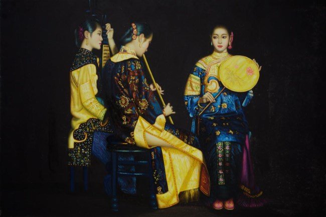 OIL ON CANVAS PAINTING OF CHINESE MUSICIANS (1 of 1)