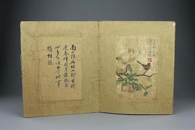 PAINTING BOOK OF FLOWERS, BIRDS AND CALLIGRAPHY: Signature to read Wang Li. H: 10 1/2 in. x W: 7 in.