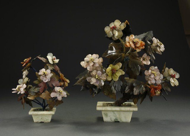 PAIR CHINESE HARDSTONE TREES IN JADE JARDINIERES (1 of 2)