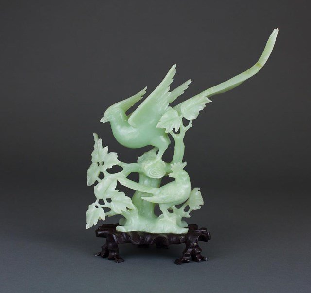 CARVED JADE BIRD ON WOOD STAND (1 of 4)