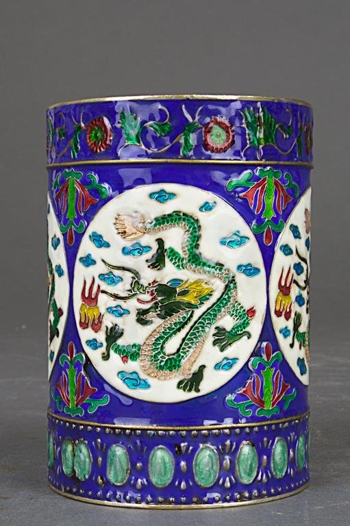 SMALL CHINESE HEAVILY ENAMELLED CLOISONNE BRUSHPOT (1 of 2)