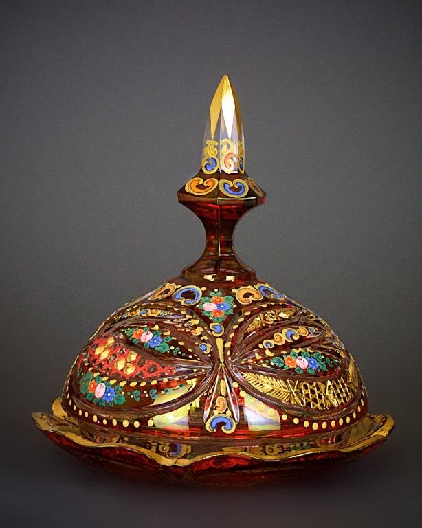 CUT CRANBERRY OVERLAY GLASS COVERED BUTTER DISH (1 of 1)