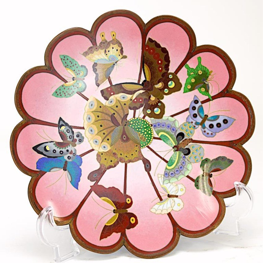 JAPANESE CLOISONNE FOLIATE RIM INSECT PLATE (1 of 1)