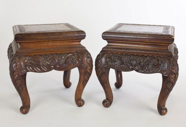 PAIR OF SMALL CHINESE CARVED WOOD STOOLS (1 of 2)