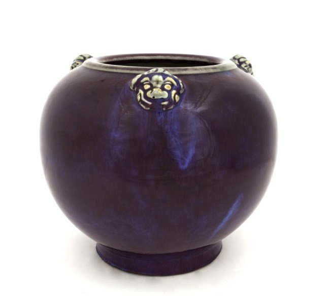 CHINESE FLAMBE JAR WITH 3 FOO LION HEAD HANDLES (1 of 2)