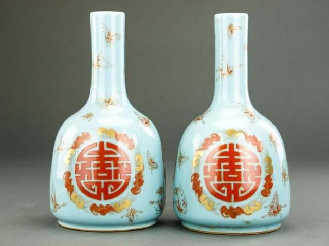 PAIR OF LIGHT BLUE BOTTLE NECK VASES (1 of 3)