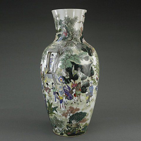 LARGE CHINESE FAMILLE ROSE FIGURAL VASE: Large Chinese famille rose figural vase featuring a scholar holding an elegant gathering in his garden. Ladies are playing musical instruments and some of the scholars ride horses. Seal Mark to read: