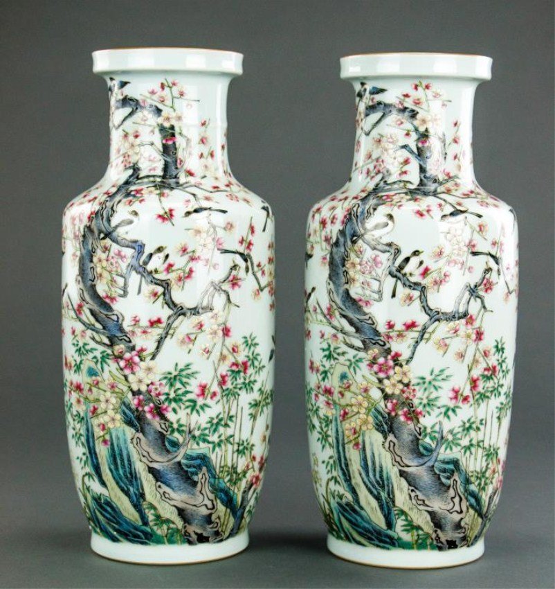 PAIR OF CHINESE FAMILLE ROSE ROULEAU VASES (1 of 3)