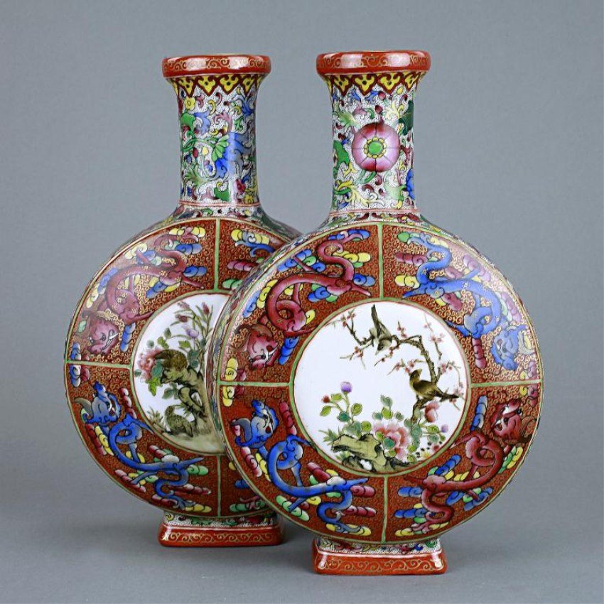 CHINESE FAMILLE ROSE DOUBLE MOON FLASK TWIN VASE (1 of 6)