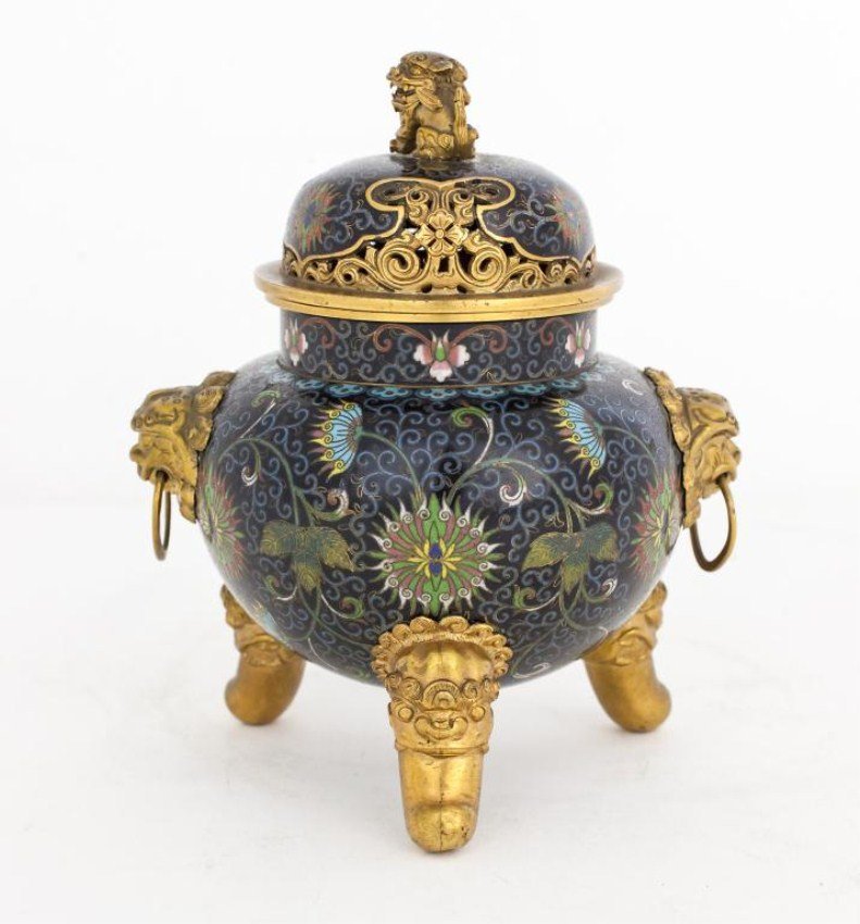 19TH C. CHINESE CLOISONNE TRIPOD CENSER WITH COVER (1 of 4)