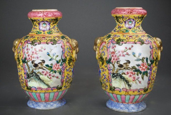 PAIR OF FAMILLE ROSE GARLIC MOUTH VASES (1 of 2)
