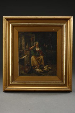 19TH CENTURY OIL PAINTING OF A WOMAN FEEDING DOVES (1 of 6)