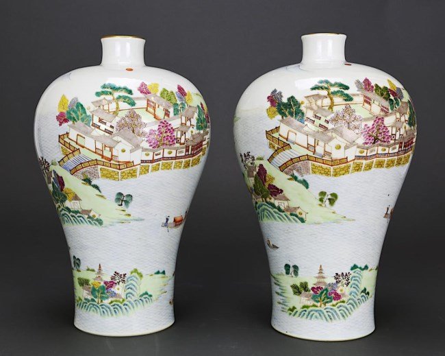 PAIR OF CHINESE LANDSCAPE MEIPING VASES (1 of 2)