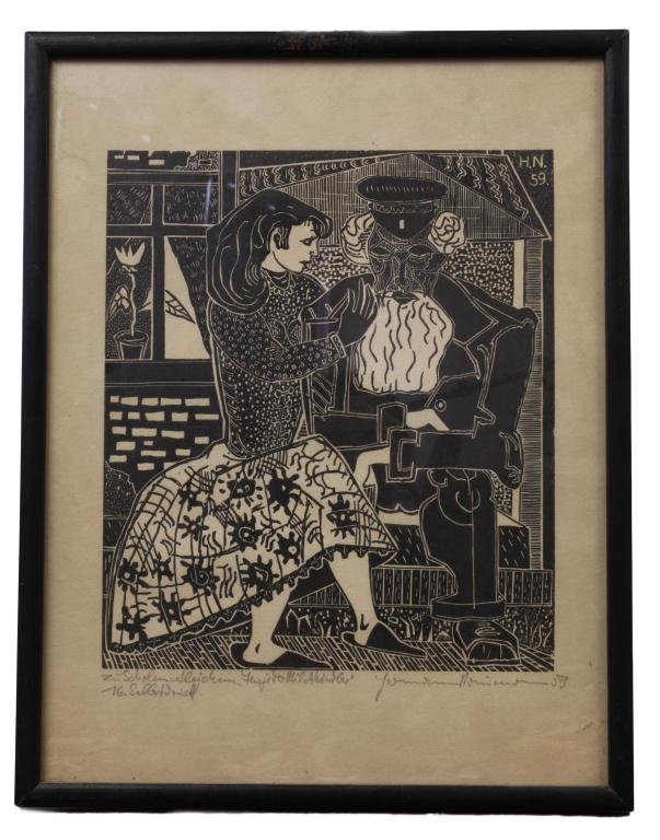 FRAMED WOODBLOCK PRINT OF A MAN AND A WOMAN (1 of 1)