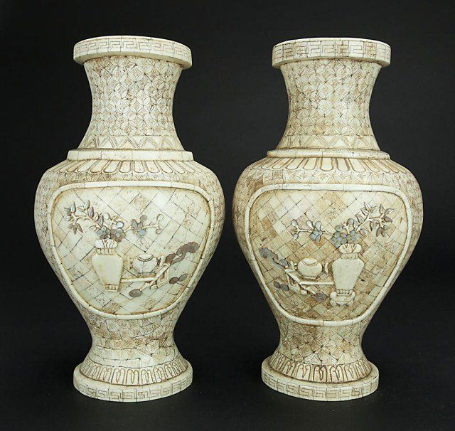 PAIR OF CHINESE HAND CARVED VASES (1 of 3)